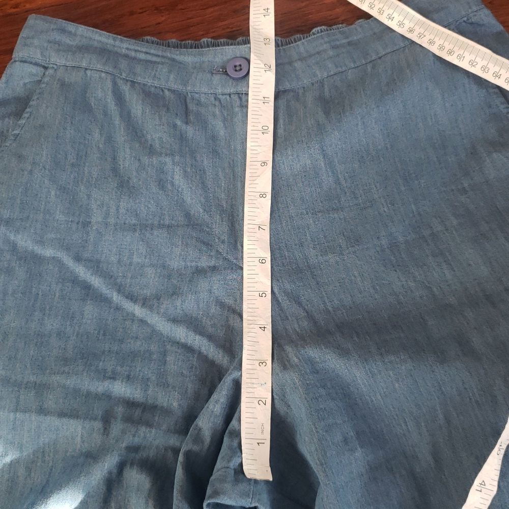 Johnny Was Chambray Blue Wide Leg Pants with White Embroidery Cotton Size Small - Picture 8 of 9